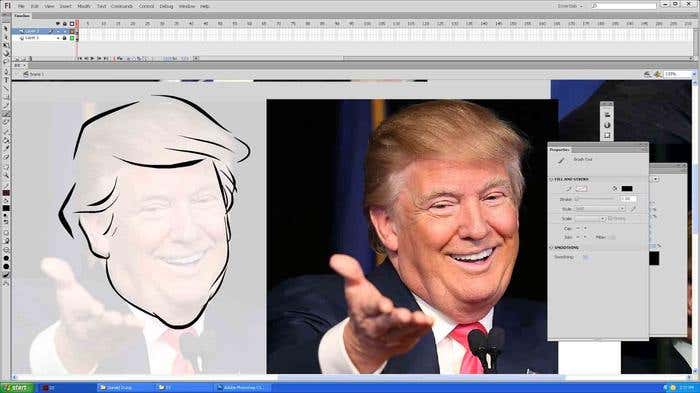 Step 4 of how to draw a caricature - tracing the face of your Donald Trump caricature