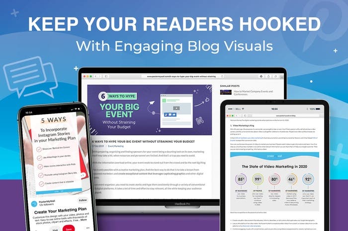 Image showing different PosterMyWall blog visuals with text "Keep your readers hooked with engaging blog visuals"