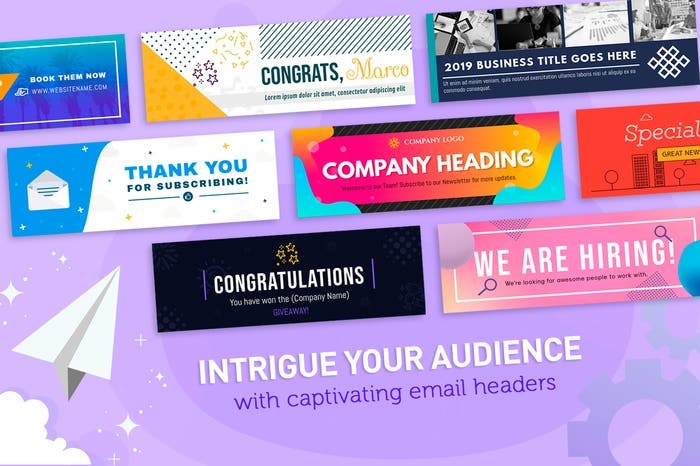 Image showing PosterMyWall email header templates with text "Intrigue your audience with captivating email headers"