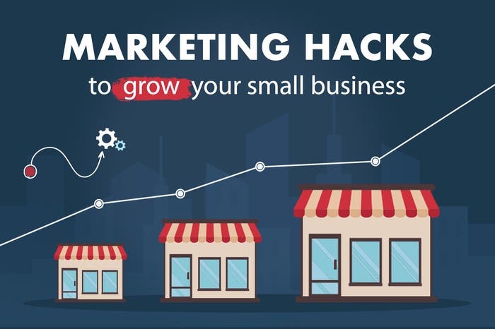 Image showing a small business building increasing in size with text "Marketing Hacks to Grow Your Small Business"