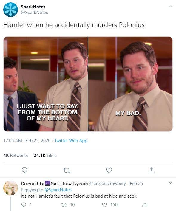 A humorous tweet from Sparknotes